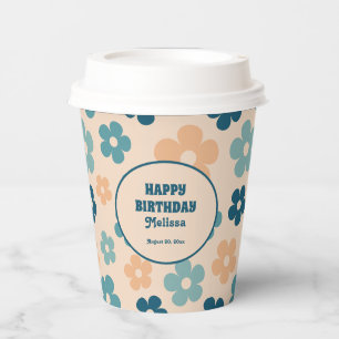 Retro Peach Green Boho Flower 40th Birthday Paper Cups