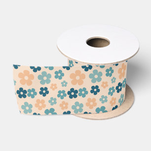 Retro Peach Green Boho Flower Happy Birthday Satin Ribbon
