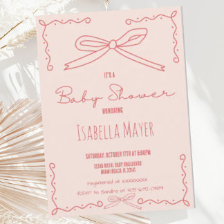 Retro Peach Hand Drawn Bow Baby Shower Invitation