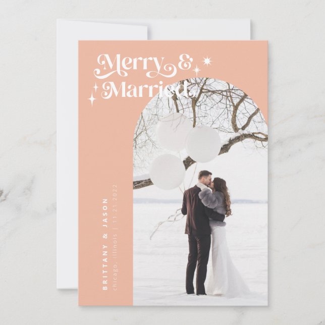 Retro Peach Merry & Married Photo Holiday Card (Front)