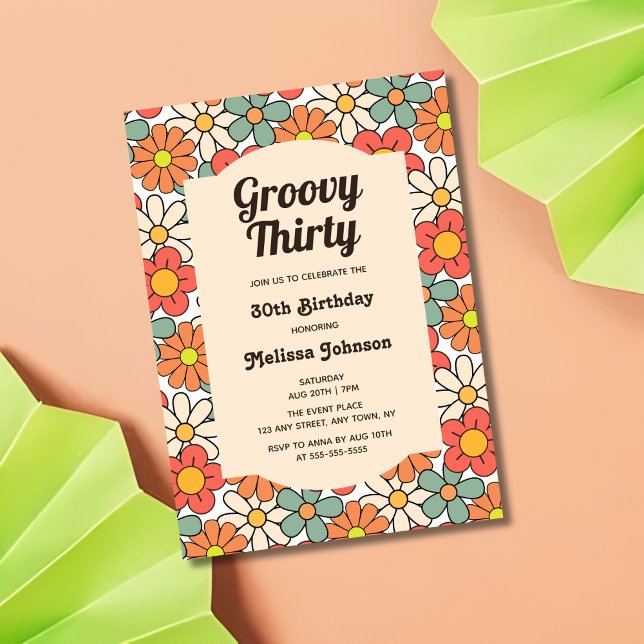 Retro Peach Orange Floral Groovy 30th Birthday Invitation (Creator Uploaded)