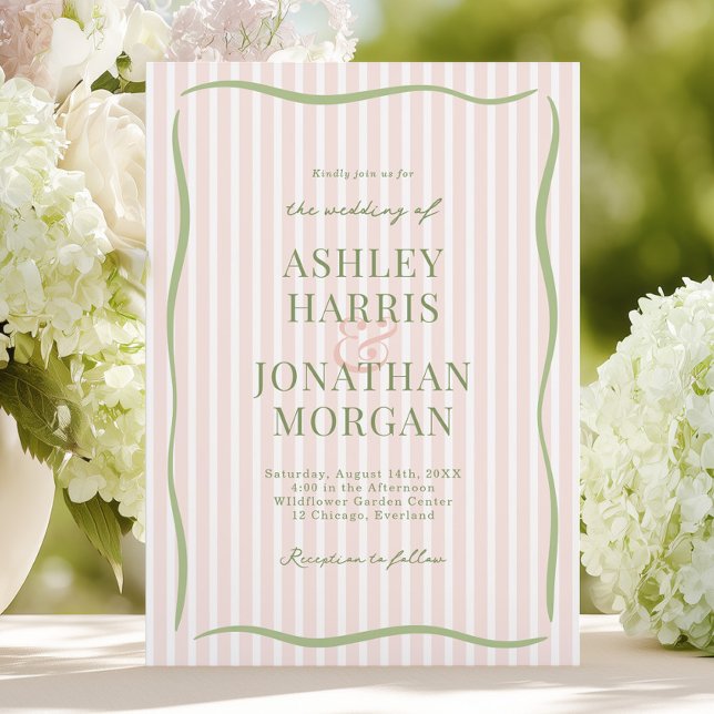 Retro Peachy Pink & Sage Striped Wedding Invitation (Creator Uploaded)