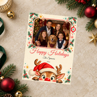 Retro Peekaboo Reindeer Christmas Photo Card