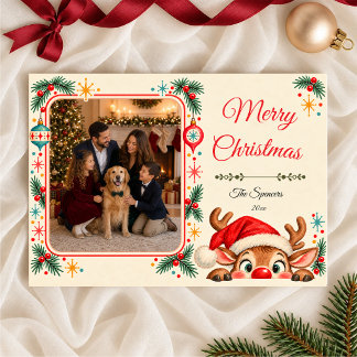 Retro Peekaboo Reindeer Christmas Photo Card