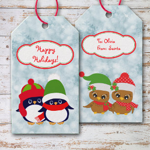 Retro Penguin and Owl Babies Christmas Gift Tags
