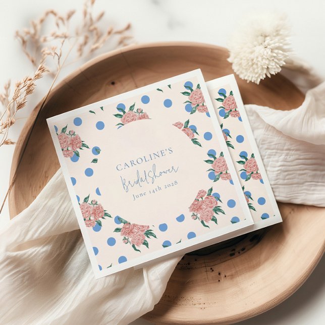 Retro Peony Floral Blue Dots Bridal Shower Custom Napkin (Creator Uploaded)