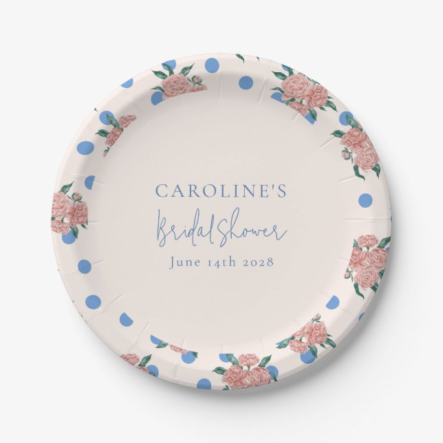 Retro Peony Floral Blue Dots Bridal Shower Custom Paper Plate (Front)