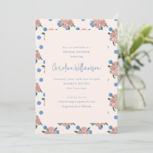 Retro Peony Floral Garden Blue Dots Bridal Shower  Invitation