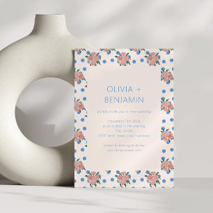 Retro Peony Floral Garden Blue Dots Wedding Invitation