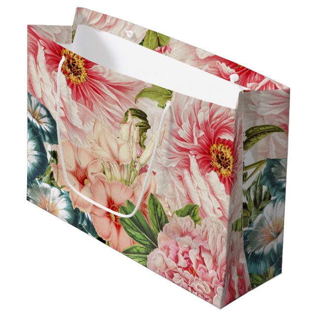 Retro Peony Flower Spring Floral Pattern Large Gift Bag (Front Angled)