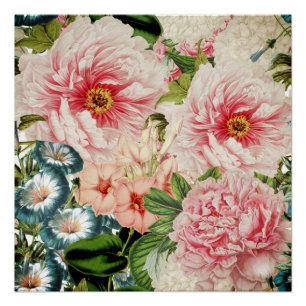 Retro Peony Flower Spring Floral Pattern Poster