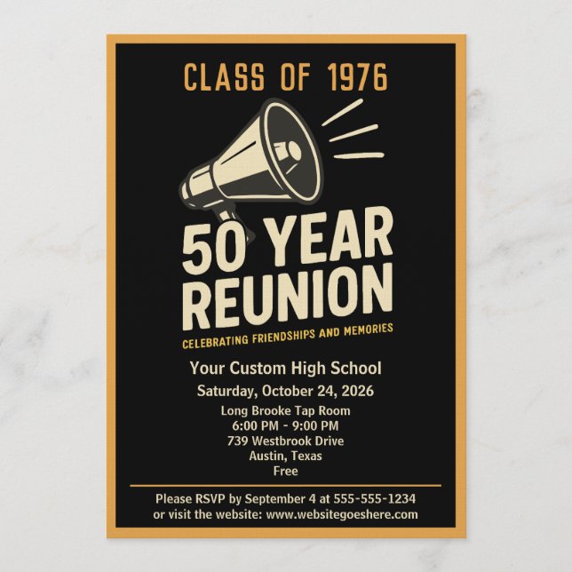Retro Pep Rally Style 50 Year Class Reunion Invitation (Front)