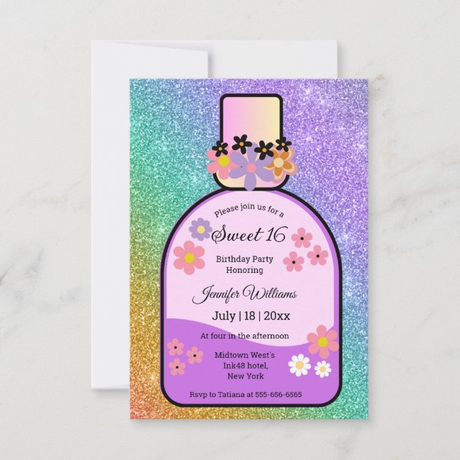 retro perfume sweet 16 holographic glitters luxury invitation (Front)