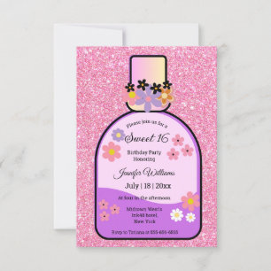 retro perfume sweet 16 pink glitters floral cute invitation