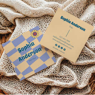 Retro Periwinkle Checkerboard with Daisy Flower Square Business Card