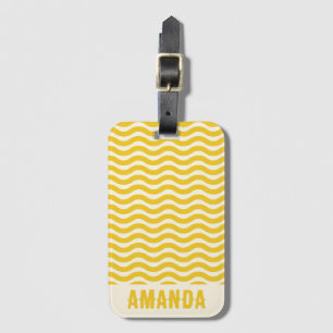 Retro Personalised Abstract Wavy Lines Yellow Luggage Tag