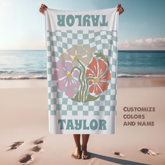 RETRO Personalised Beach Towel Name Custom Towel (turquoise back towel with custom name and flowers, retro groovy style)