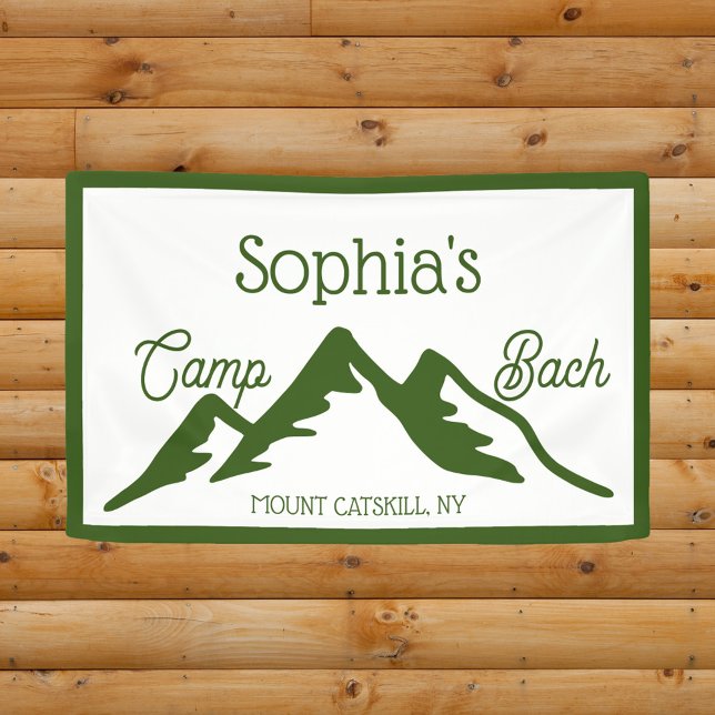 Retro Personalised Camp Bach Mountains Green  Banner (Camp Bach personalized camping bachelorette party banner)