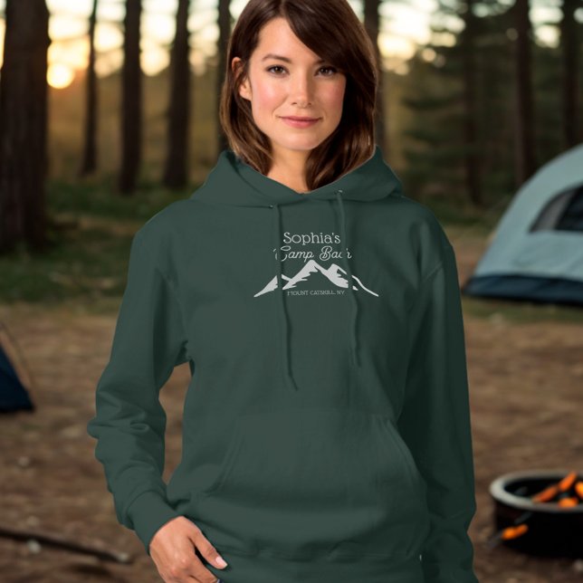 Retro Personalised Camp Bach Mountains Green  Hoodie (A cozy hoodie for all your campers.)