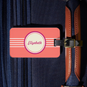 Retro Personalised Coral Red and Pink Luggage Tag