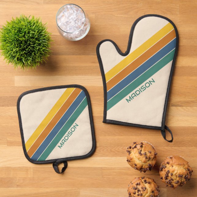 Retro Personalised Name Oven Mitt & Pot Holder Set (Top Down)