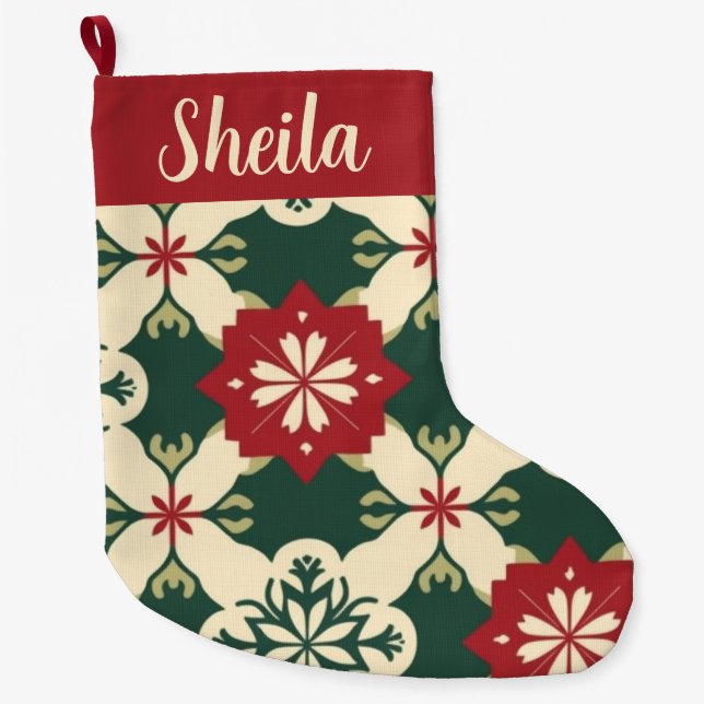 Retro Personalised Red and Green Plaid  Large Christmas Stocking (Front)