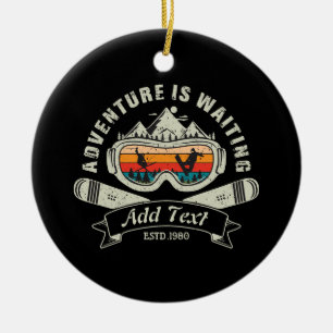 Retro Personalised Ski Adventure Ceramic Tree Decoration