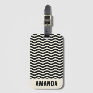 Retro Personalized Abstract Wavy Lines Black Luggage Tag