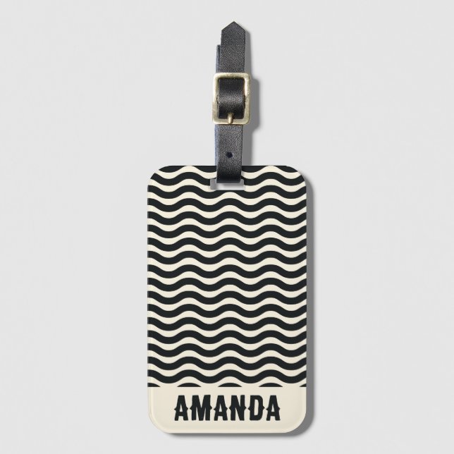 Retro Personalized Abstract Wavy Lines Black Luggage Tag (Front Vertical)