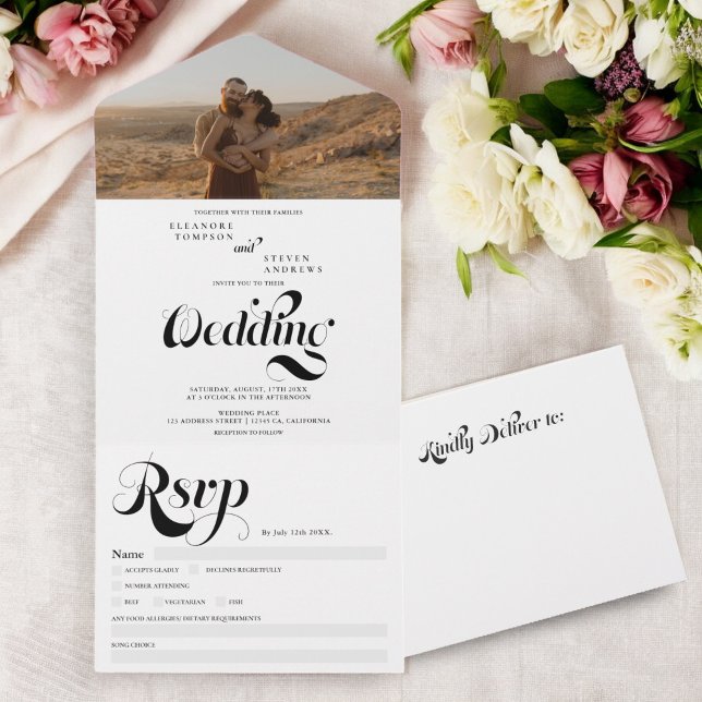 Retro photo black white script chic wedding all in one invitation (Retro photo black white script chic wedding all in one invitation)