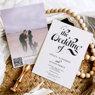 Retro photo black white script wedding Qr code Invitation