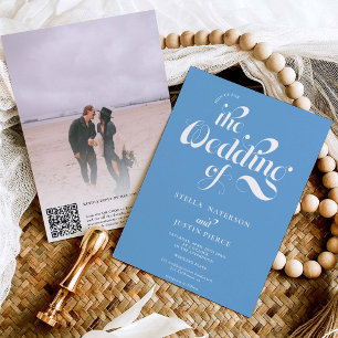 Retro photo dusty blue script wedding Qr code Invitation