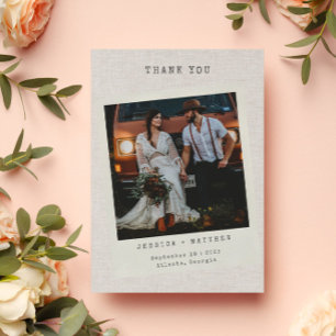 Retro Photo Faux Linen Custom Wedding Thank You Card