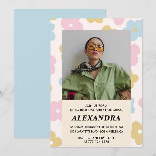 Retro Photo Floral Pattern 37th birthday Invitation (Front/Back)