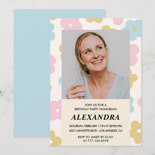Retro Photo Floral Pattern 58th birthday Invitation (Front/Back)