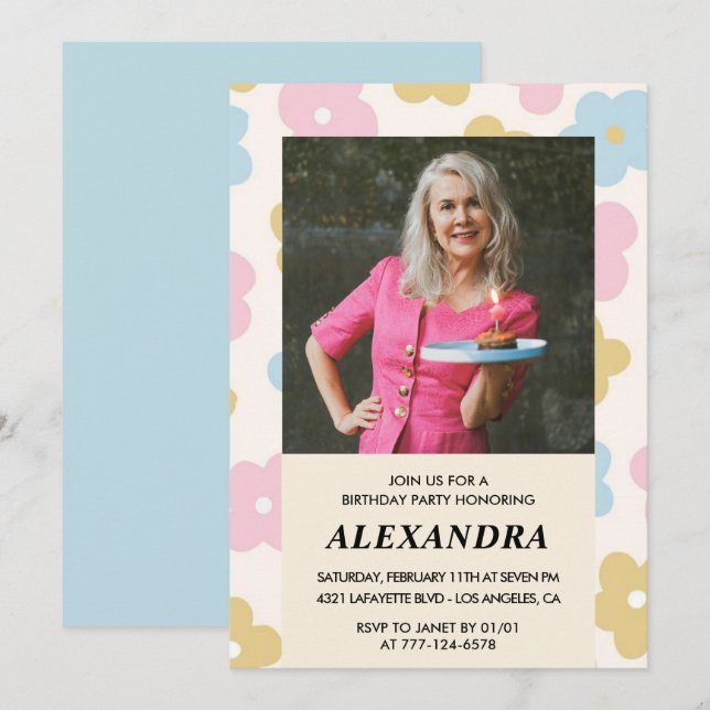 Retro Photo Floral Pattern 73rd birthday Invitation (Front/Back)