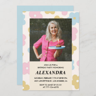 Retro Photo Floral Pattern 86th birthday Invitation
