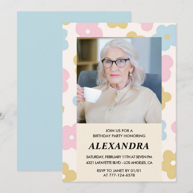 Retro Photo Floral Pattern 92nd birthday Invitation (Front/Back)