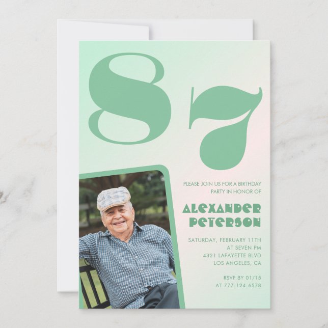 Retro Photo Green Gradient Man 87th birthday  Invitation (Front)