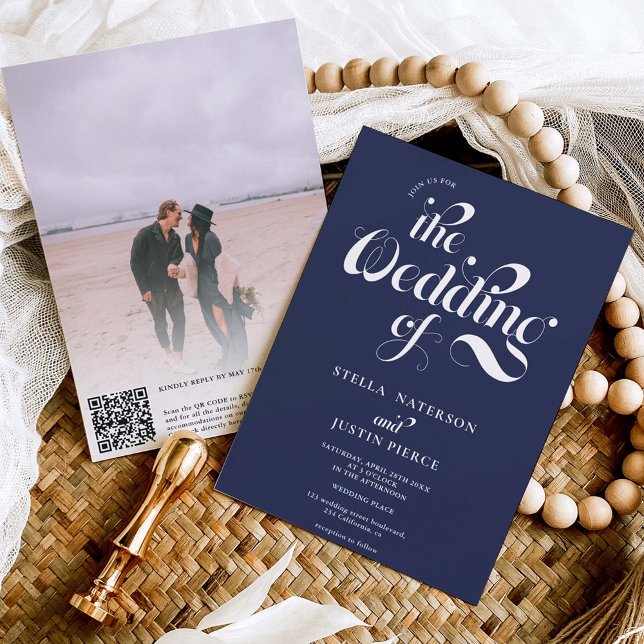 Retro photo navy blue script wedding Qr code Invitation (Creator Uploaded)