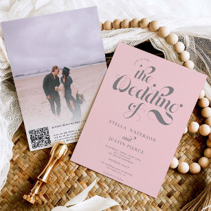 Retro photo pale pink script wedding Qr code Invitation