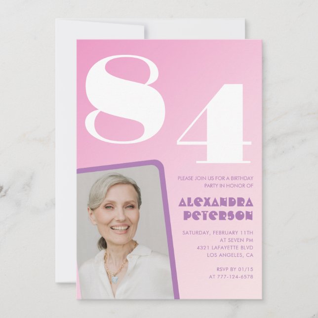 Retro Photo Pink 84th birthday Invitation (Front)