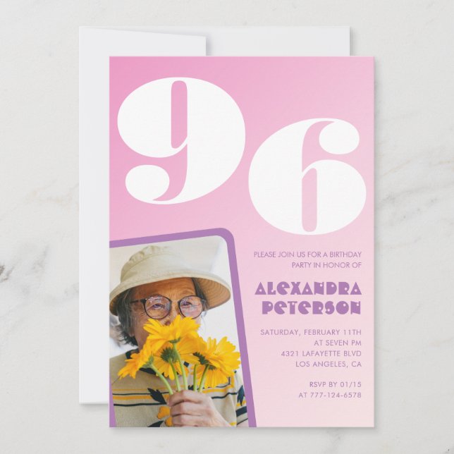 Retro Photo Pink 96th birthday Invitation (Front)