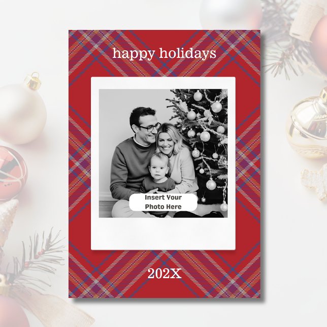 Retro Photo Style Plaid Personalised Christmas Holiday Card (Modern Retro Photo Style Personalized Flat Christmas Card. Red Tartan.)