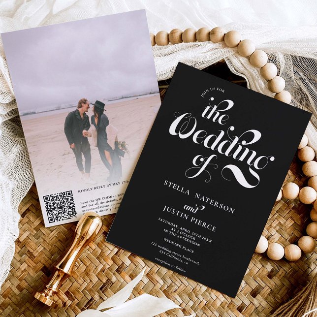 Retro photo white black script wedding Qr code Invitation (Creator Uploaded)