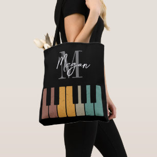 Retro Piano Monogram Name Personalised black Tote Bag