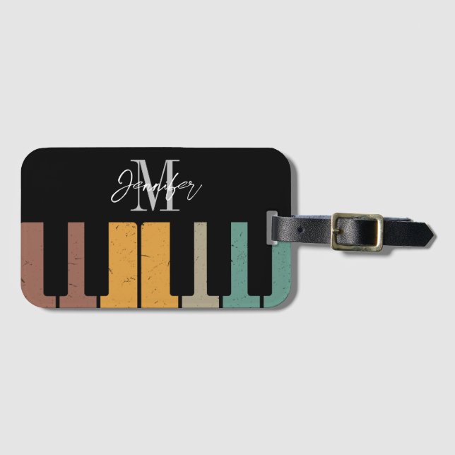Retro Piano Monogram Name Personalised Luggage Tag (Front Horizontal)