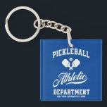 Retro Pickleball Athletic Department Custom Key Ring<br><div class="desc">Fun pickleball keychain featuring crossed pickleball paddles,  ball and retro typography.  Add your custom text to personalise - team name,  club name,  town,  city,  tournament name,  etc. Makes a great gift for pickleball players,  coaches,  teammates,  etc.</div>