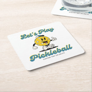 Retro Pickleball Cartoon Mascot Personalised Text Square Paper Coaster