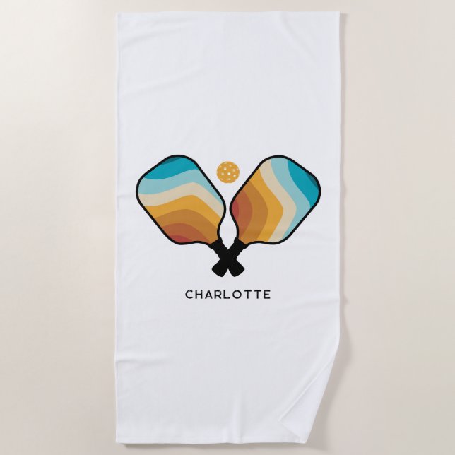 Retro Pickleball Paddles & Ball Custom Name Beach Towel (Front)
